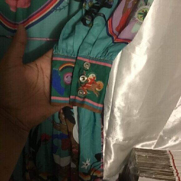 Green Colorful Art Long Balloon Sleeve Collar Button Down Midi Shirt Dress XL - Picture 11 of 16